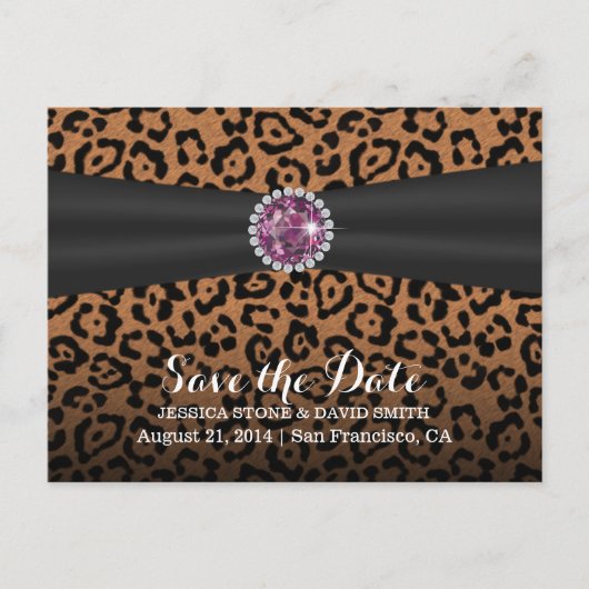 Luxury Diamond Gems Leopard Print Save the Date 案内ポストカード (正面)