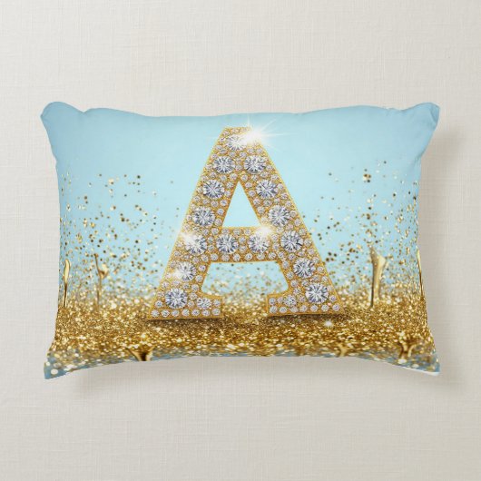 Luxury Diamond Letter A on Gold Glitter Background アクセントクッション (正面)
