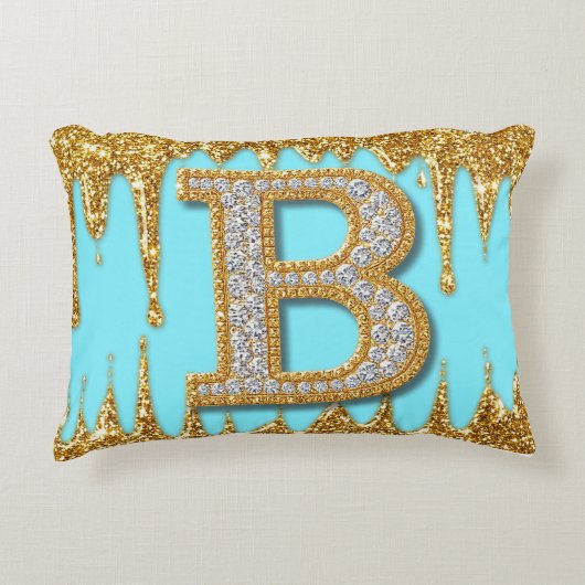 Luxury Diamond Letter B on Gold Glitter Background アクセントクッション (正面)