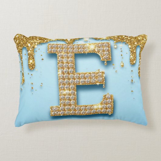 Luxury Diamond Letter E on Gold Glitter Background アクセントクッション (正面)