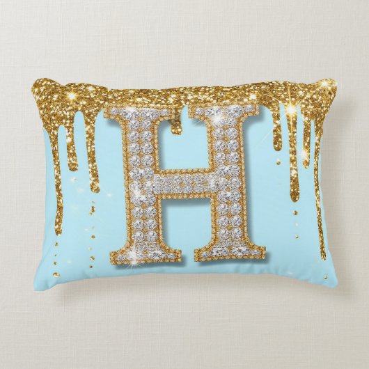 Luxury Diamond Letter H on Gold Glitter Background アクセントクッション (正面)