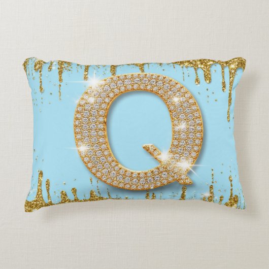 Luxury Diamond Letter Q on Gold Glitter Background アクセントクッション (正面)