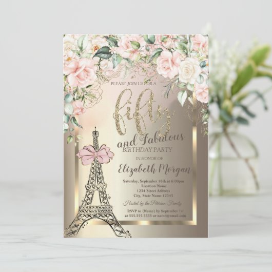 Luxury Diamonds Eiffel Tower,Pink Bow Roses 50th 招待状 (スタンド正面)