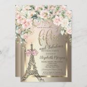 Luxury Diamonds Eiffel Tower,Pink Bow Roses 50th  招待状 (正面/裏面)