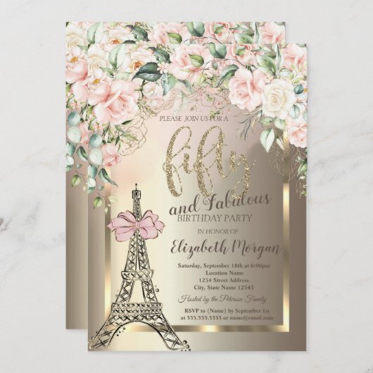 Luxury Diamonds Eiffel Tower,Pink Bow Roses 50th  招待状 (正面/裏面)