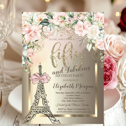 Luxury Diamonds Eiffel Tower,Pink Bow Roses 50th 招待状