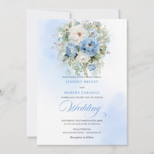 Luxury Dusty Blue Floral Digital Wedding Invite 招待状 (正面)