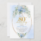 Luxury Dusty Blue Floral Gold 80th Birthday Invite 招待状 (正面)