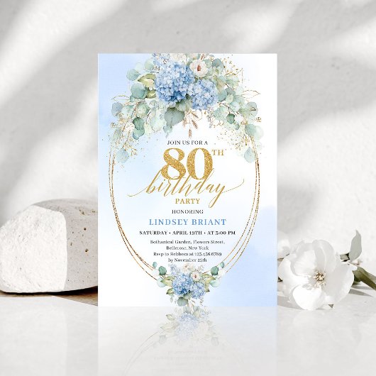 Luxury Dusty Blue Floral Gold 80th Birthday Invite 招待状