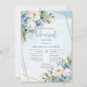 Luxury Dusty Blue Floral Gold Rehearsal Invitation 招待状 (正面)