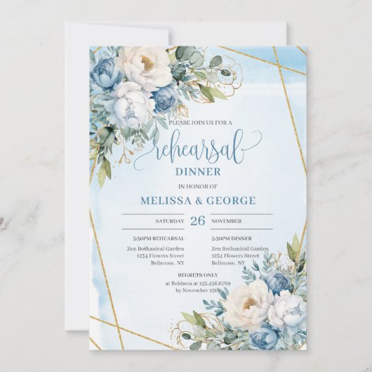 Luxury Dusty Blue Floral Gold Rehearsal Invitation 招待状 (正面)