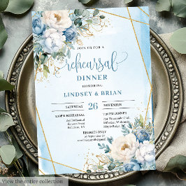 Luxury Dusty Blue Floral Gold Rehearsal Invitation 招待状