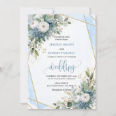 Luxury Dusty Blue Gold Flowers Wedding Invitation 招待状 (正面)