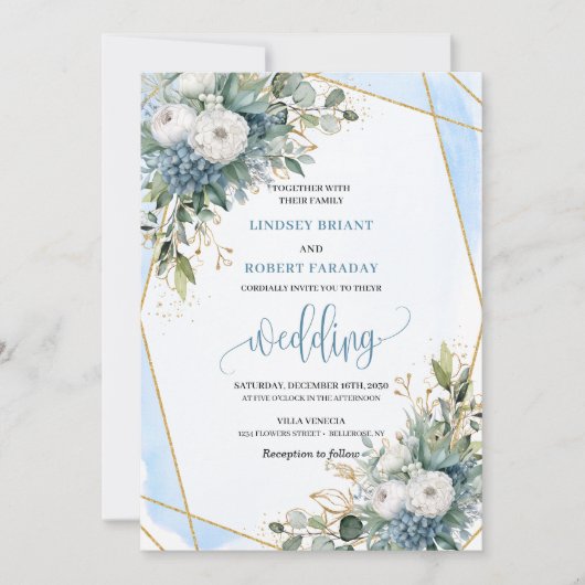 Luxury Dusty Blue Gold Flowers Wedding Invitation 招待状 (正面)