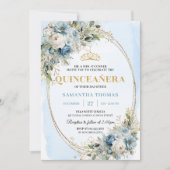 Luxury Dusty Blue Gold Greenery Quinceañera 招待状 (正面)