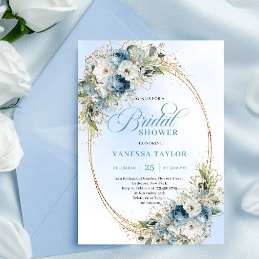 Luxury Dusty Blue Greenery Floral Bridal Shower  招待状