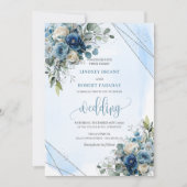 Luxury Dusty Blue Silver Floral Wedding Invitation 招待状 (正面)