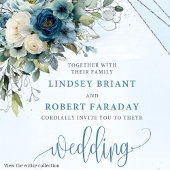 Luxury Dusty Blue Silver Floral Wedding Invitation 招待状