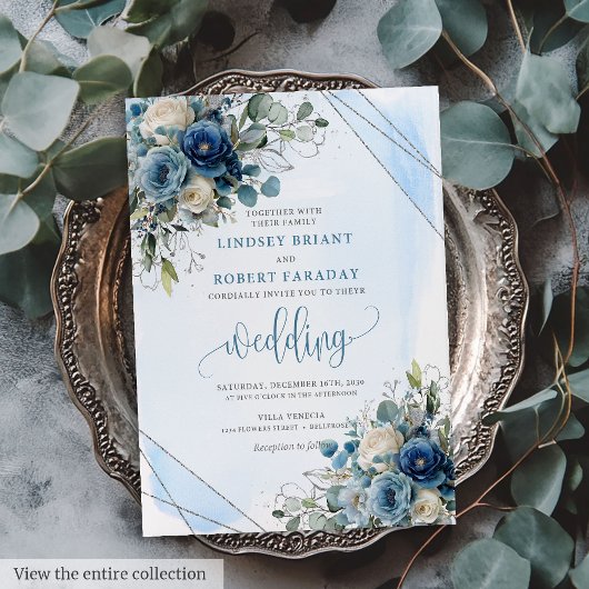 Luxury Dusty Blue Silver Floral Wedding Invitation 招待状