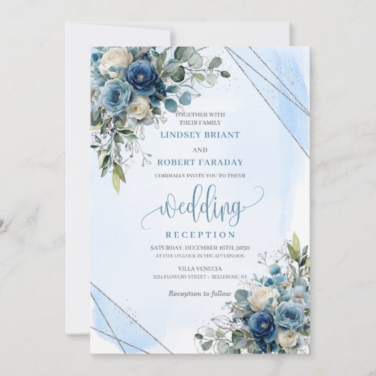 Luxury Dusty Blue Silver Floral Wedding Reception 招待状 (正面)