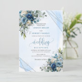 Luxury Dusty Blue Silver Floral Wedding Reception 招待状 (スタンド正面)