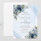 Luxury Dusty Blue Silver Floral Wedding Reception 招待状 (正面/裏面)