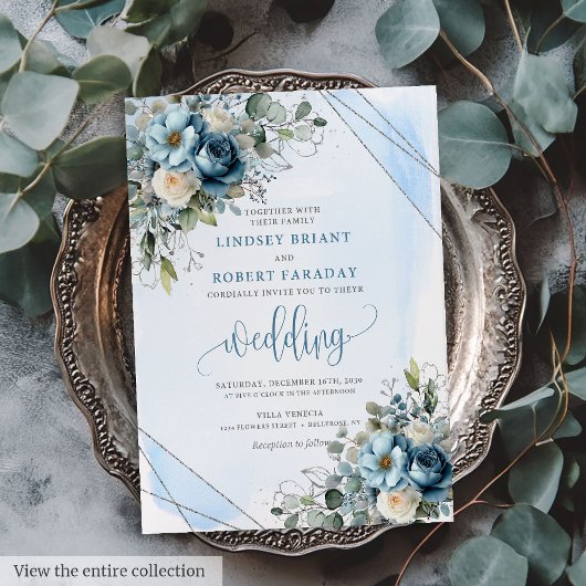 Luxury Dusty Blue Silver Wedding Invitation Card 招待状