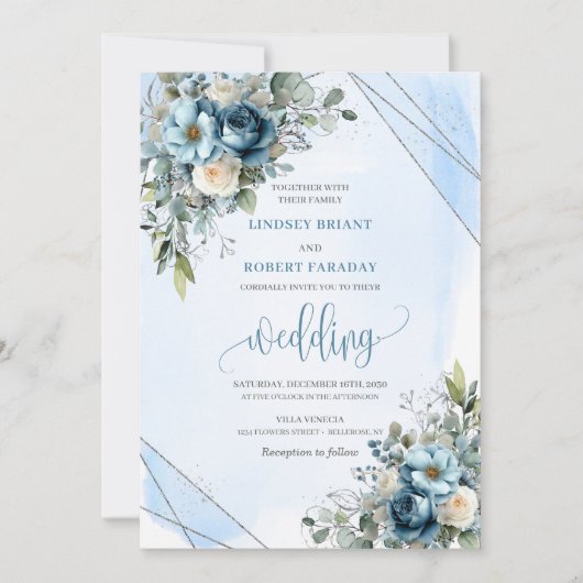 Luxury Dusty Blue Silver Wedding Invitation Card 招待状 (正面)