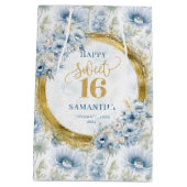 Luxury Dusty Blue Sweet 16 Gold Glitter Gift Bag ミディアムペーパーバッグ (裏面)