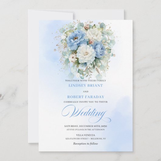 Luxury Dusty Blue White Floral Wedding Invitation 招待状 (正面)
