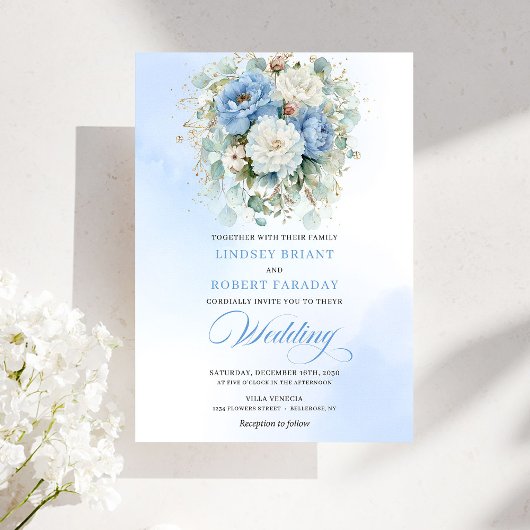 Luxury Dusty Blue White Floral Wedding Invitation 招待状