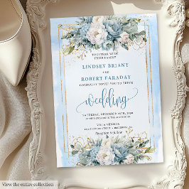 Luxury dusty blue white floral wedding invitation 招待状