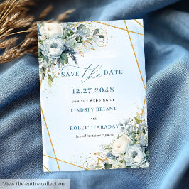 Luxury Dusty Blue White Gold Peonies Save The Date 招待状
