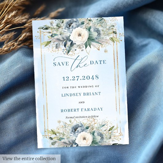 Luxury Dusty Blue White Gold Peonies Save The Date 招待状