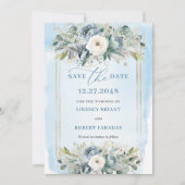 Luxury Dusty Blue White Gold Peonies Save The Date 招待状 (正面)