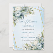 Luxury Dusty Blue White Gold Peonies Save The Date 招待状 (正面)