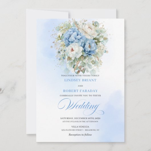 Luxury Dusty Blue White Peony Wedding Invitation 招待状 (正面)