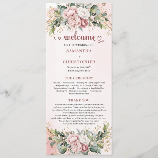 Luxury Dusty Pink Floral Greenery Wedding Program プログラム (正面)