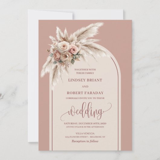 Luxury Dusty Pink Pampas Arch Wedding Invitation 招待状 (正面)