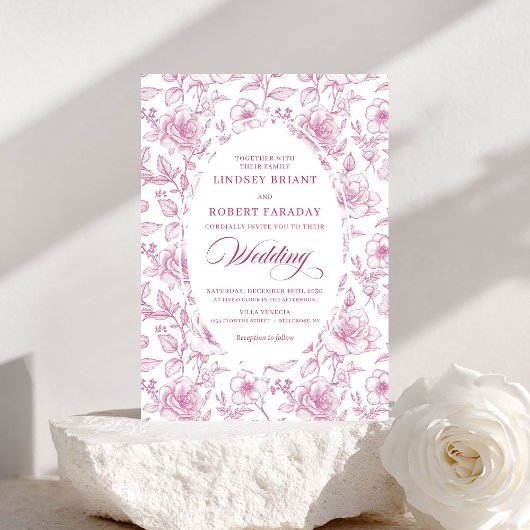 Luxury Dusty Pink Toile Roses Wedding Invitation 招待状