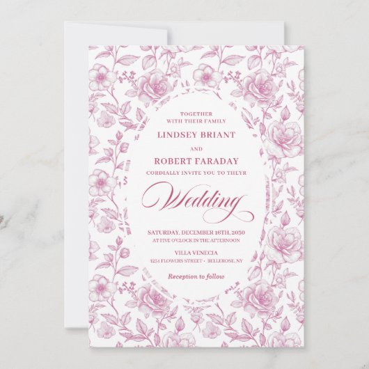 Luxury Dusty Pink Toile Roses Wedding Invitation 招待状 (正面)