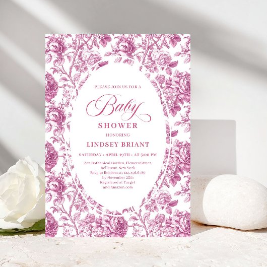 Luxury Dusty Rose Floral Toile Baby Shower Invite 招待状