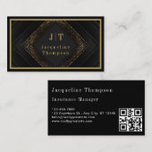 Luxury elegant black leather gold monogram qr code 名刺 (正面/裏面)