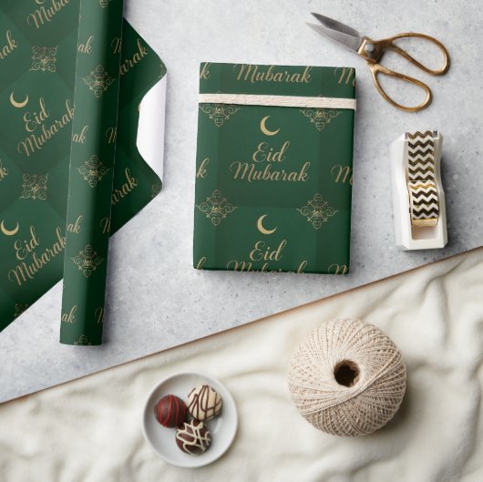 Luxury Elegant Eid Mubarak Greeting in Green ラッピングペーパー (クラフト)