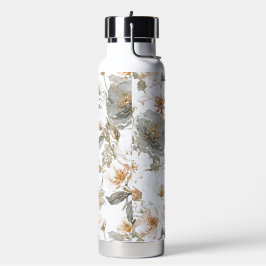 Luxury, Elegant, Gold Grey Flowers Pattern ウォーターボトル