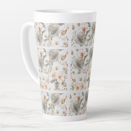 Luxury, Elegant, Gold Grey Flowers Pattern カフェラテマグ (左アングル)