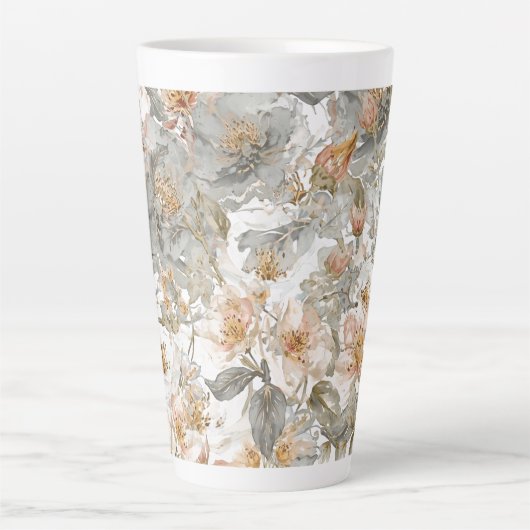 Luxury, Elegant, Gold Grey Flowers Pattern  カフェラテマグ (正面)