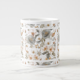 Luxury, Elegant, Gold Grey Flowers Pattern  ジャンボコーヒーマグカップ