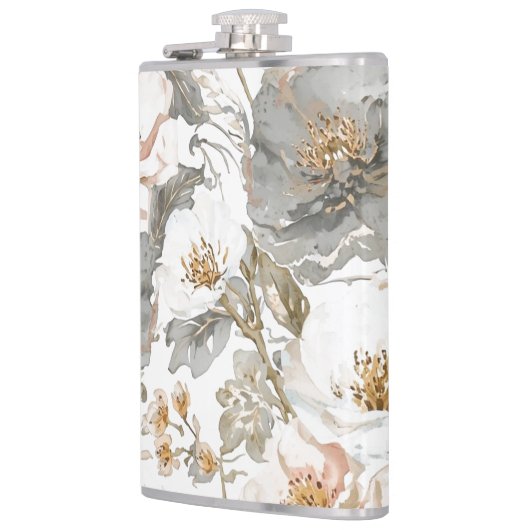 Luxury, Elegant, Gold Grey Flowers Pattern フラスク (左)