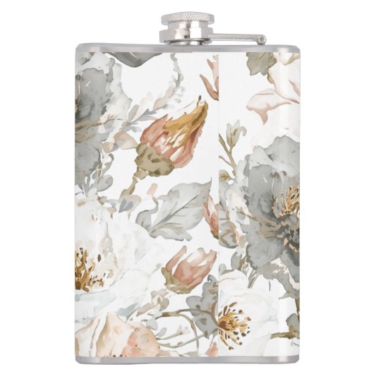 Luxury, Elegant, Gold Grey Flowers Pattern フラスク (裏面)